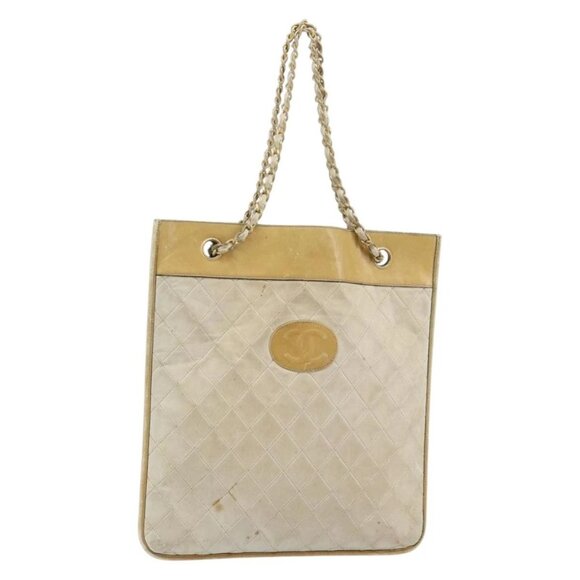 CHANEL Chain Tote Bag Lamb Skin Beige Gold CC Auth gh972 - Picture 2 of 16